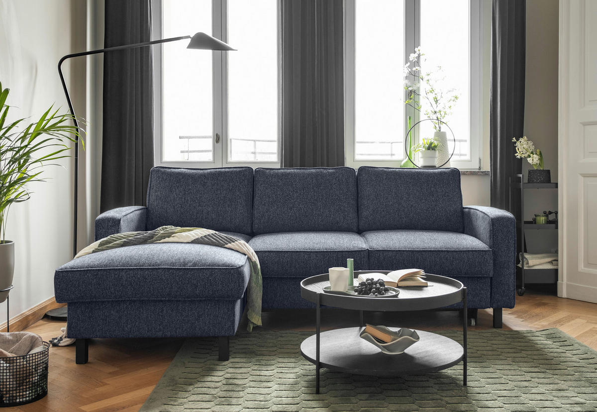 ECKSOFA in Struktur Dunkelblau  - Schwarz/Dunkelblau, Holz/Textil (148/228cm) - MID.YOU
