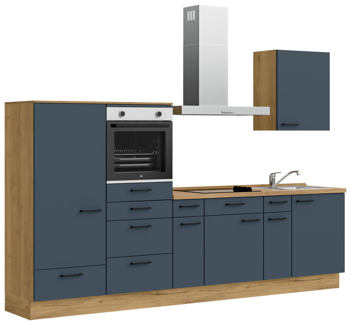 KÜCHENBLOCK 300 cm   in Eichefarben, Dunkelblau  - Eichefarben/Schwarz, MODERN, Holzwerkstoff/Metall (300cm) - Nobilia