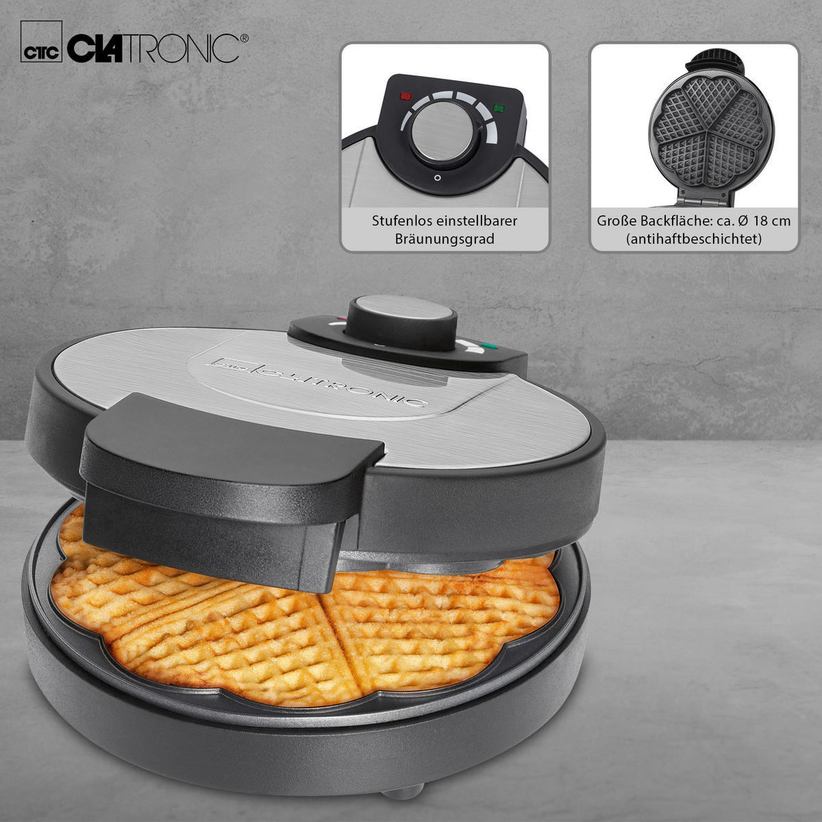 WAFFELAUTOMAT  - Edelstahlfarben/Schwarz, LIFESTYLE, Kunststoff/Metall (20/9,5/26cm) - Clatronic