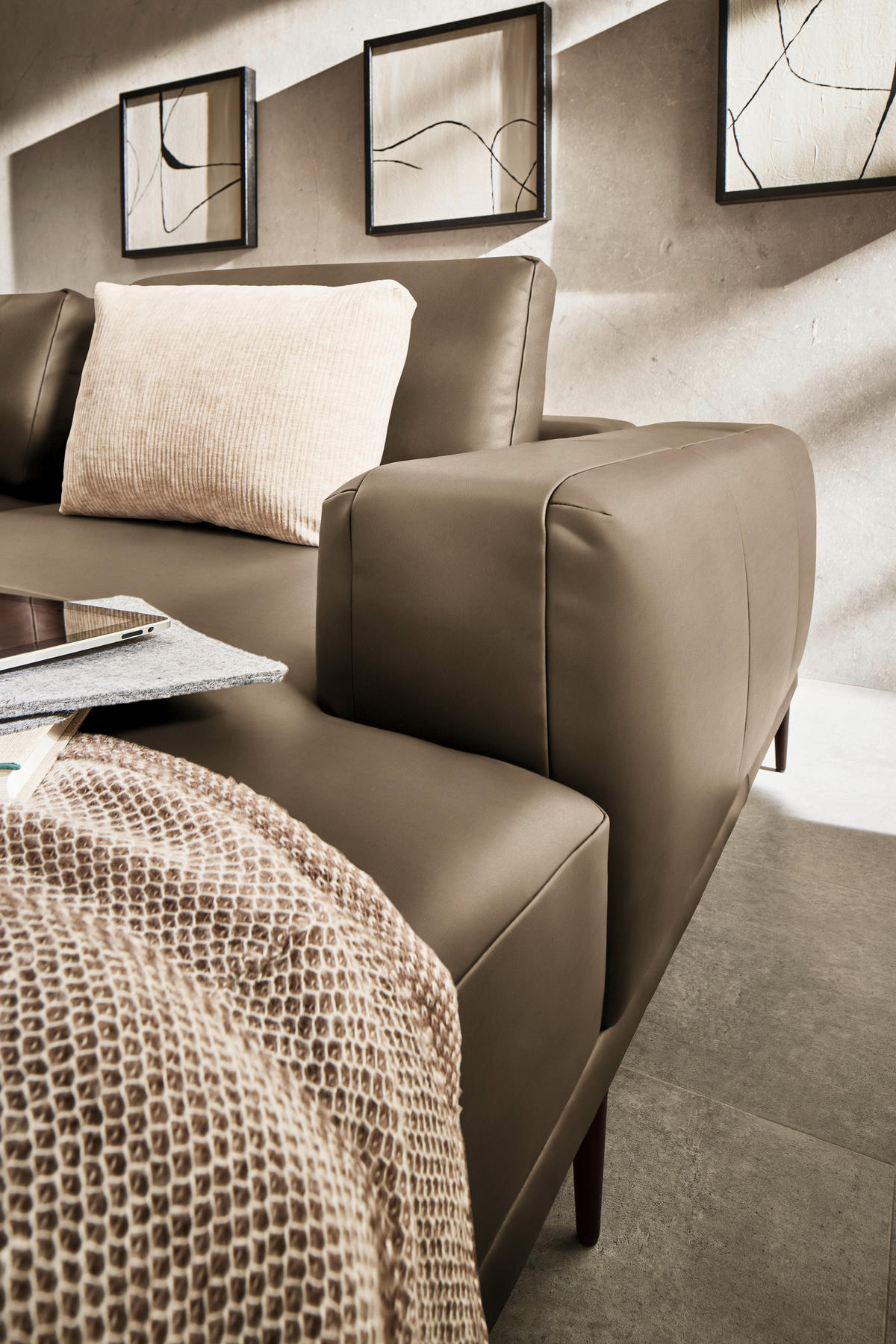 ECKSOFA  in Echtleder Cappuccino  304/201 cm  - Schwarz/Cappuccino, Design, Leder/Metall (304/201cm) - Belluti