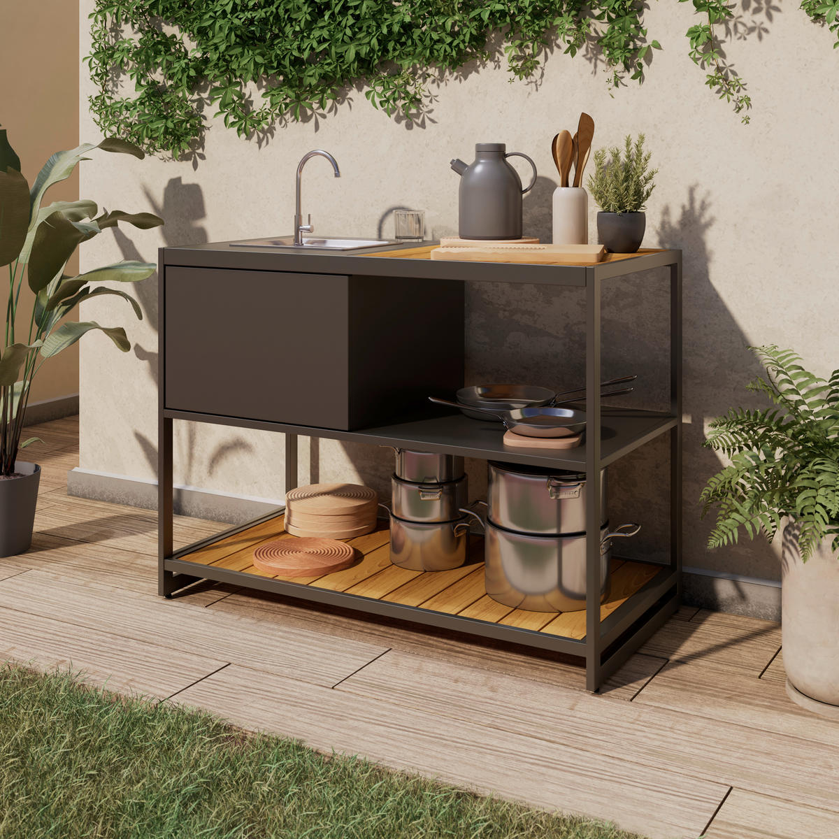 VENKOVNÍ KUCHYNĚ  - přírodní barvy/antracitová, Moderní, kov/plast (120/116/60cm) - Ambia Garden