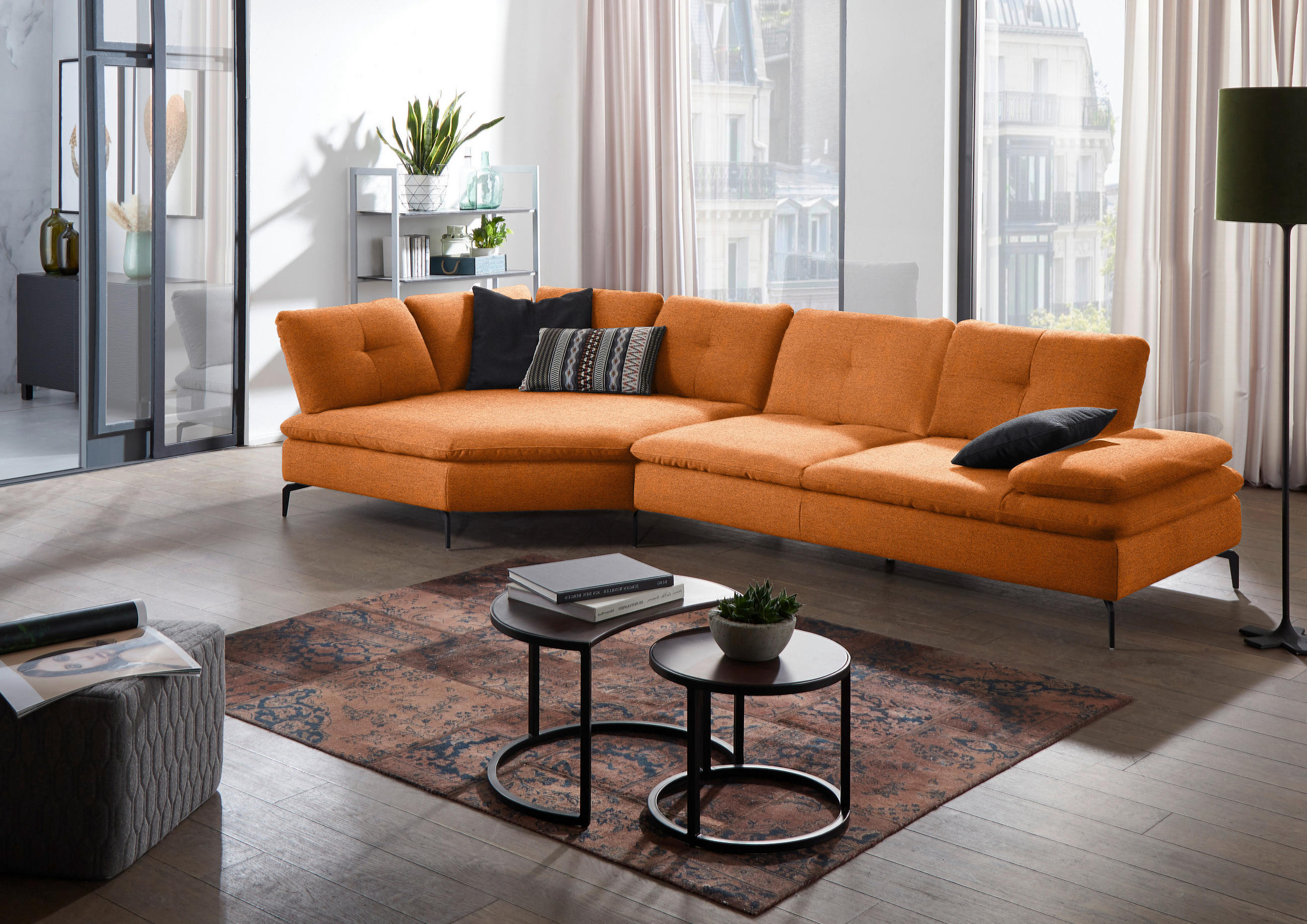 ECKSOFA in Flachgewebe Orange, Rostfarben  - Rostfarben/Schwarz, Design, Textil/Metall (157/344cm) - Chilliano