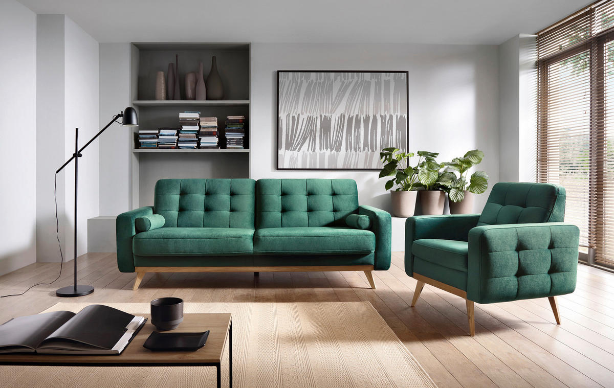 SCHLAFSOFA in Velours Türkis, Grün  - Türkis/Eichefarben, Design, Holz/Textil (224/87/89cm) - Stylife