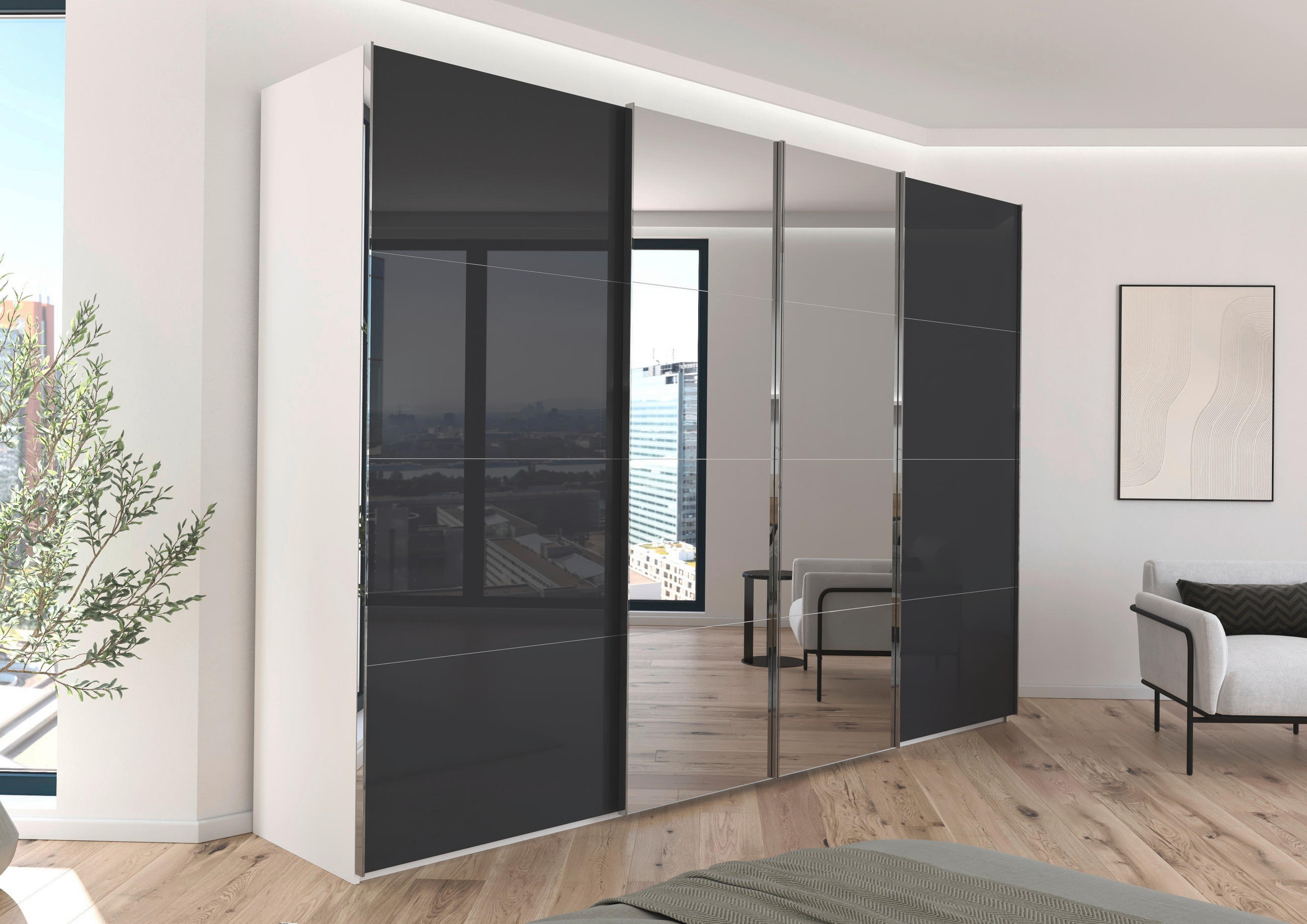 SCHWEBETÜRENSCHRANK 316/235/68 cm 4-türig Schwarz, Weiß  - Chromfarben/Schwarz, Design, Glas/Holzwerkstoff (316/235/68cm) - Novel