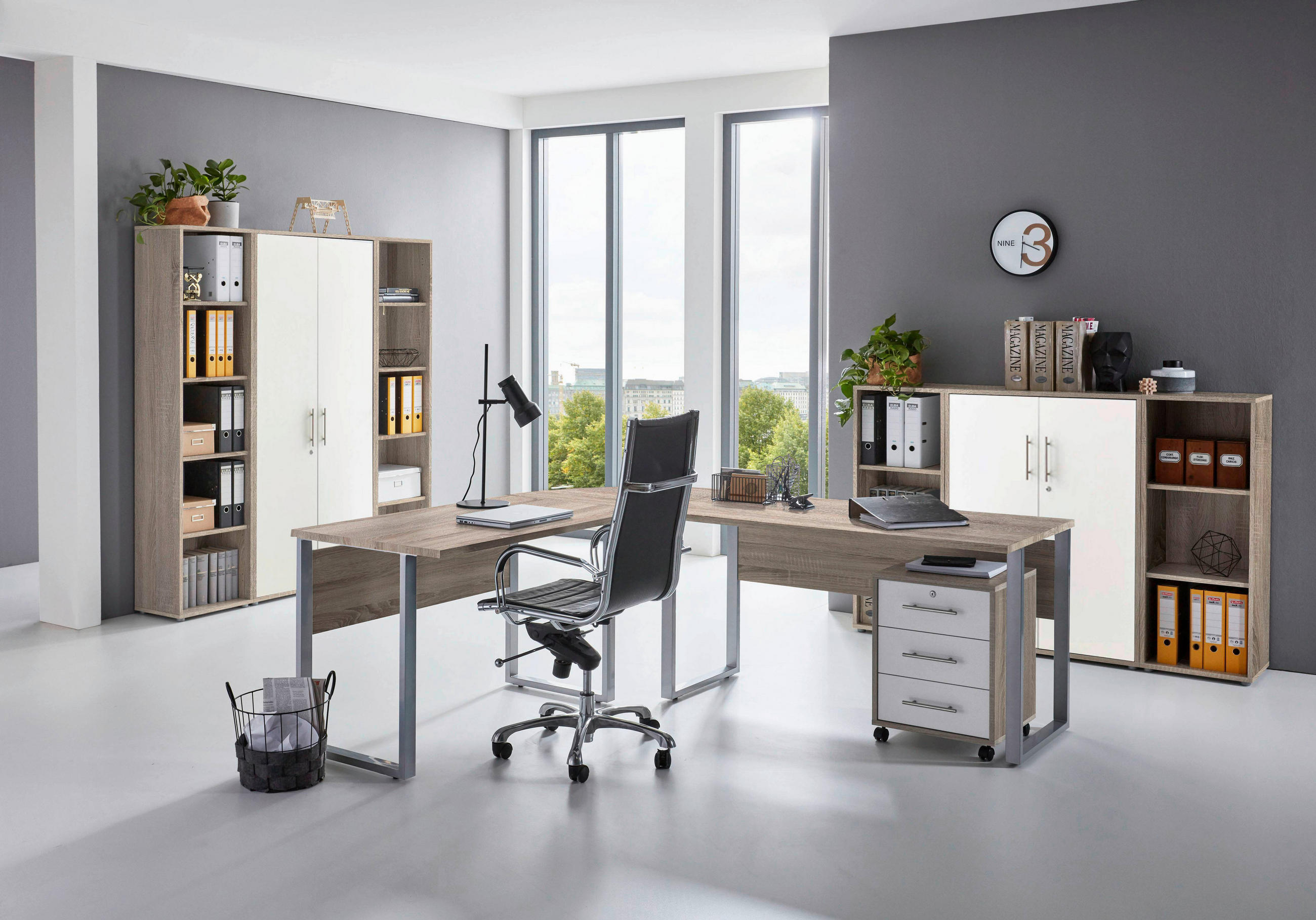 BÜRO erweiterbar, in verschiedenen Holz-Dekoren erhältlich, Schreibtisch seitenverkehrt montierbar, abschließbar Weiß, Sonoma Eiche - Weiß/Sonoma Eiche, MODERN, Holzwerkstoff - MID.YOU
