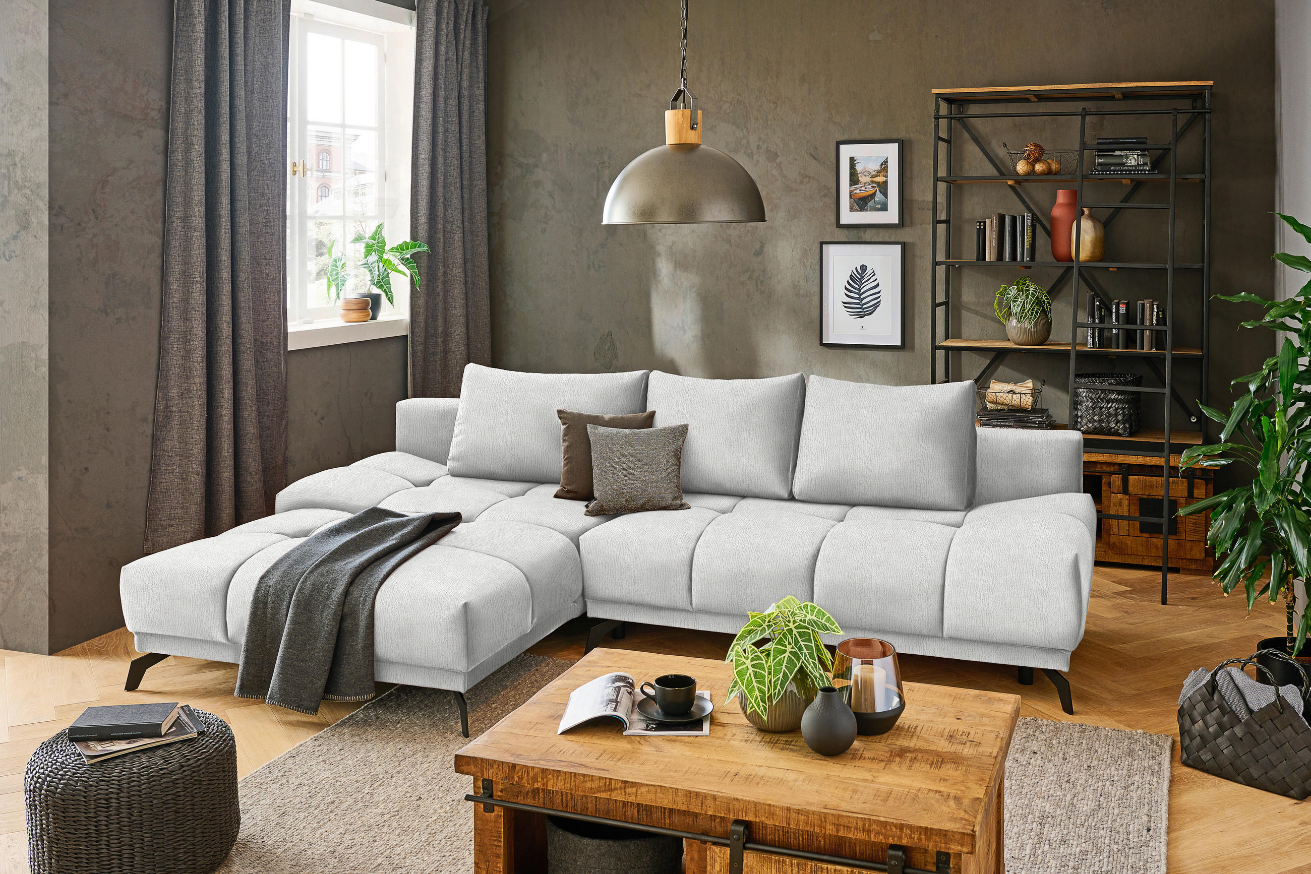 ECKSOFA in Chenille Ecru  - Ecru/Schwarz, Modern, Textil/Metall (182/290cm) - Hom`in