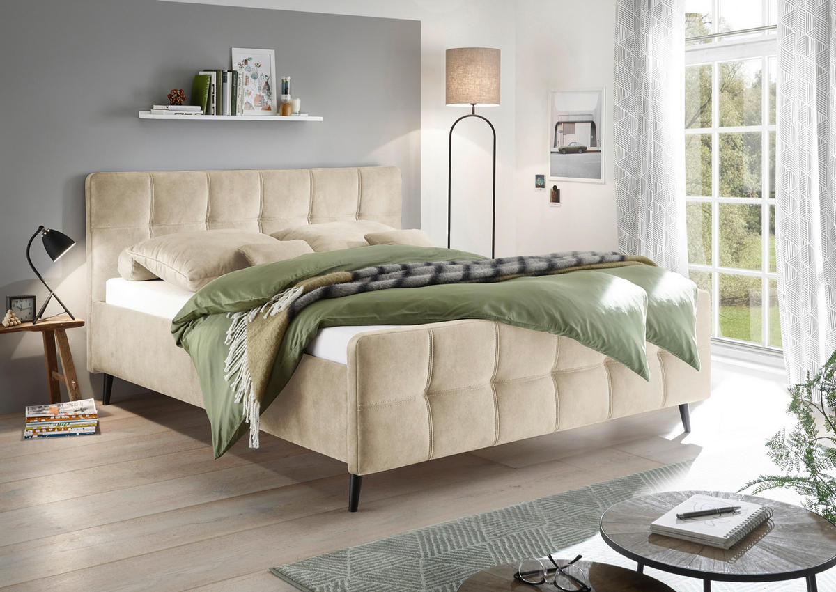 KÁRPITOZOTT ÁGY 180/200 cm  krémszínű  - krémszínű/fekete, Basics, faalapú anyag/textil (180/200cm) - MID.YOU