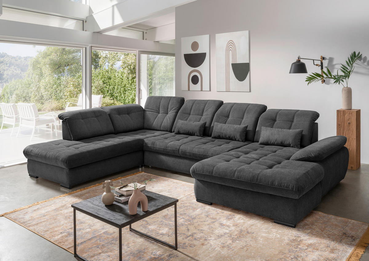 WOHNLANDSCHAFT Anthrazit Chenille  - Anthrazit/Schwarz, MODERN, Textil/Metall (252/387/184cm) - Livetastic