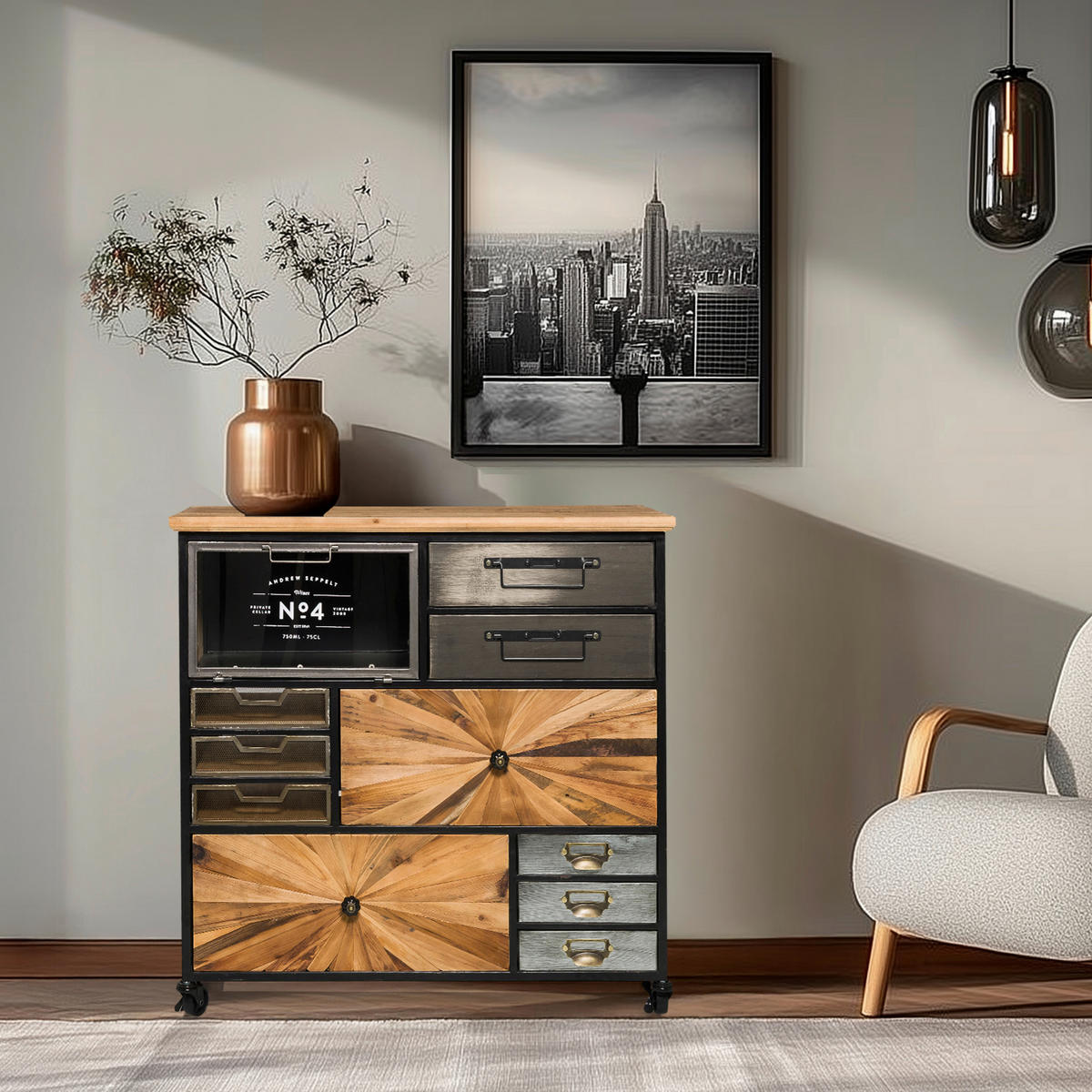 ŠIROKÁ KOMODA, 88/84/34 cm - černá/přírodní barvy, Moderní, kov/dřevo (88/84/34cm) - MID.YOU