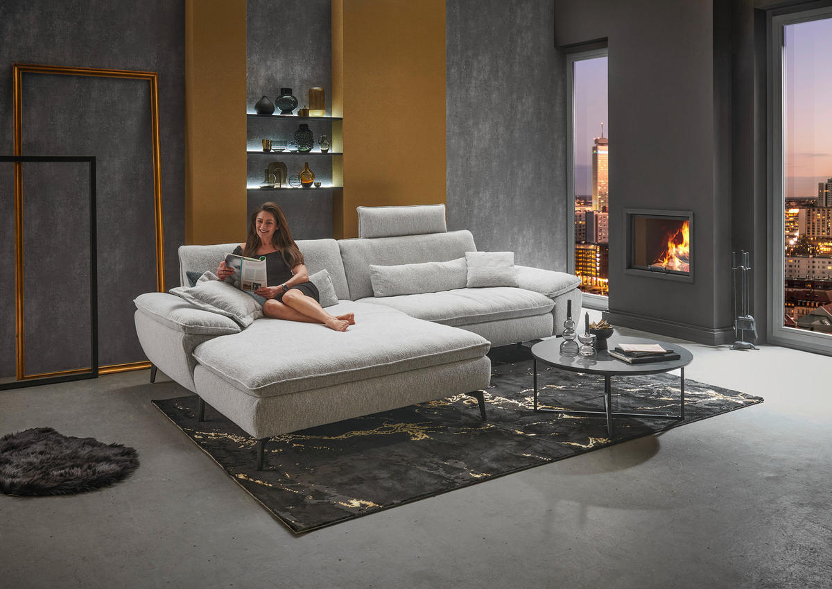 ECKSOFA Ecru Webstoff  - Ecru/Schwarz, Design, Textil/Metall (197/295cm) - Valdera