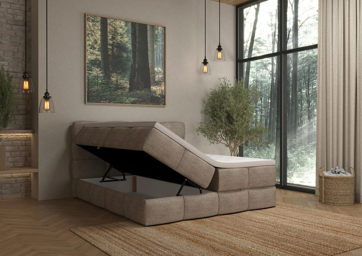 BOXSPRINGBETT 160/200 cm,  in Sandfarben, gepolstertes Kopfteil, Bettkasten, Topper, Matratzen, H3 + H3 = fest  - Sandfarben/Schwarz, Design, Kunststoff/Textil (160/200cm) - Chameo