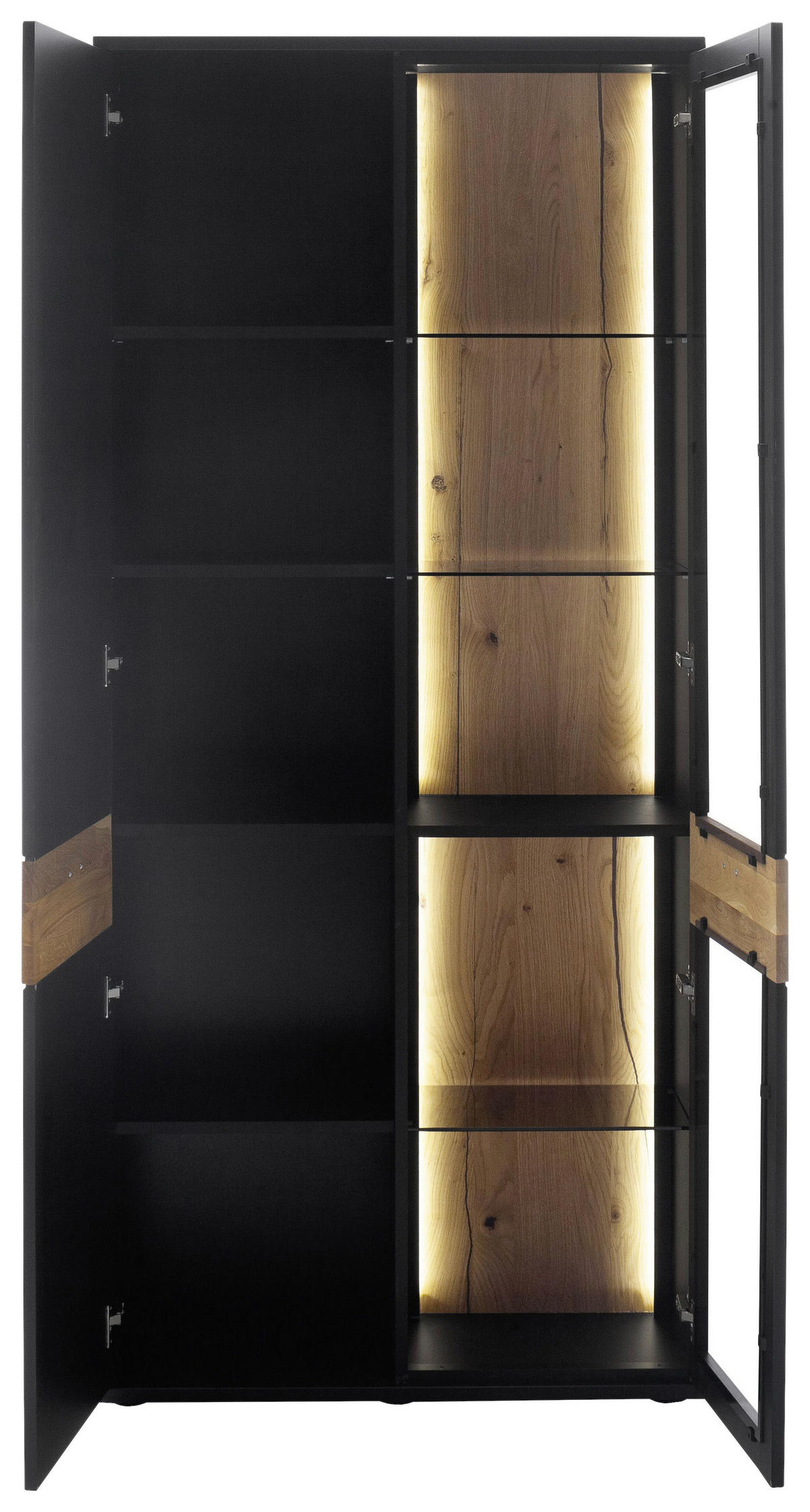 VITRINĂ  in furniruit, masiv stejar gri, negru, culoare lemn stejar  - culoare lemn stejar/antracit, Design, sticlă/metal (90/201/37cm) - Novel