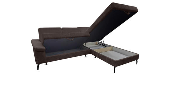 ECKSOFA Dunkelbraun Velours Bettkasten, Sitzvorzug  - Dunkelbraun/Schwarz, KONVENTIONELL, Textil/Metall (253/206cm) - Venda