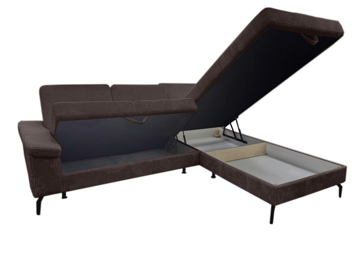 ECKSOFA Dunkelbraun Velours Bettkasten, Sitzvorzug  - Dunkelbraun/Schwarz, KONVENTIONELL, Textil/Metall (253/206cm) - Venda