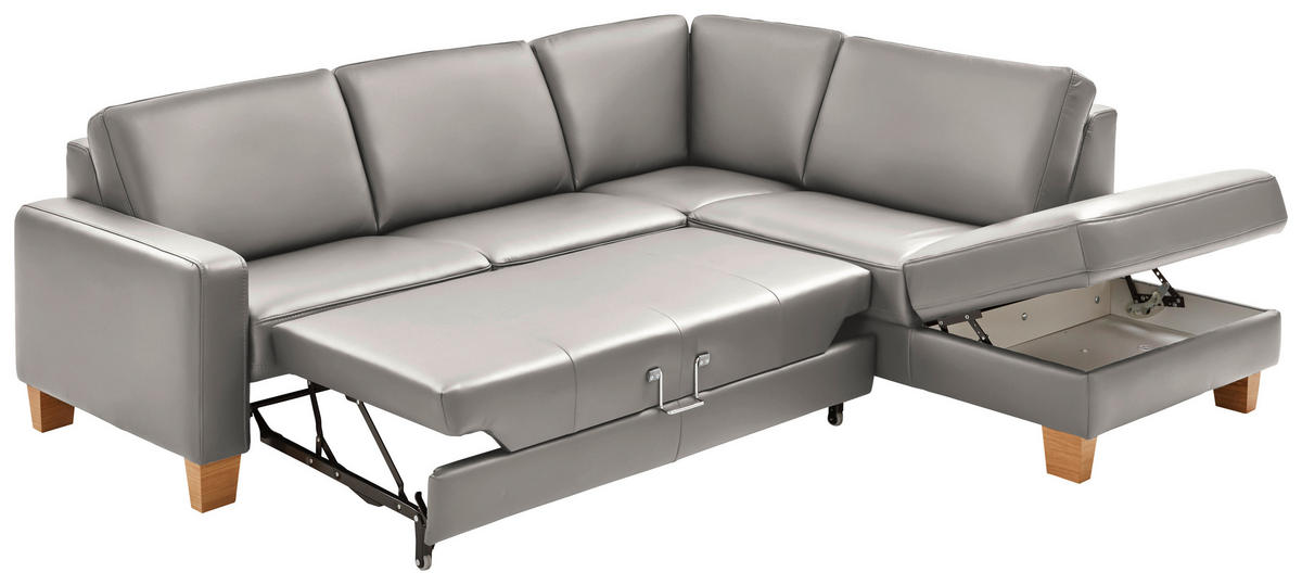 ECKSOFA in Echtleder Hellgrau  - Eiche Bianco/Hellgrau, Natur, Leder/Holz (257/235cm) - Valdera