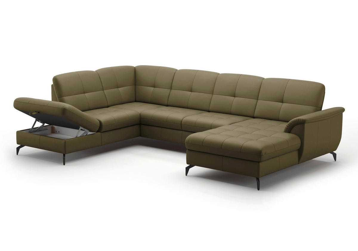 WOHNLANDSCHAFT Olivgrün Echtleder  - Schwarz/Olivgrün, MODERN, Leder/Metall (212/319/164cm) - Sit & More