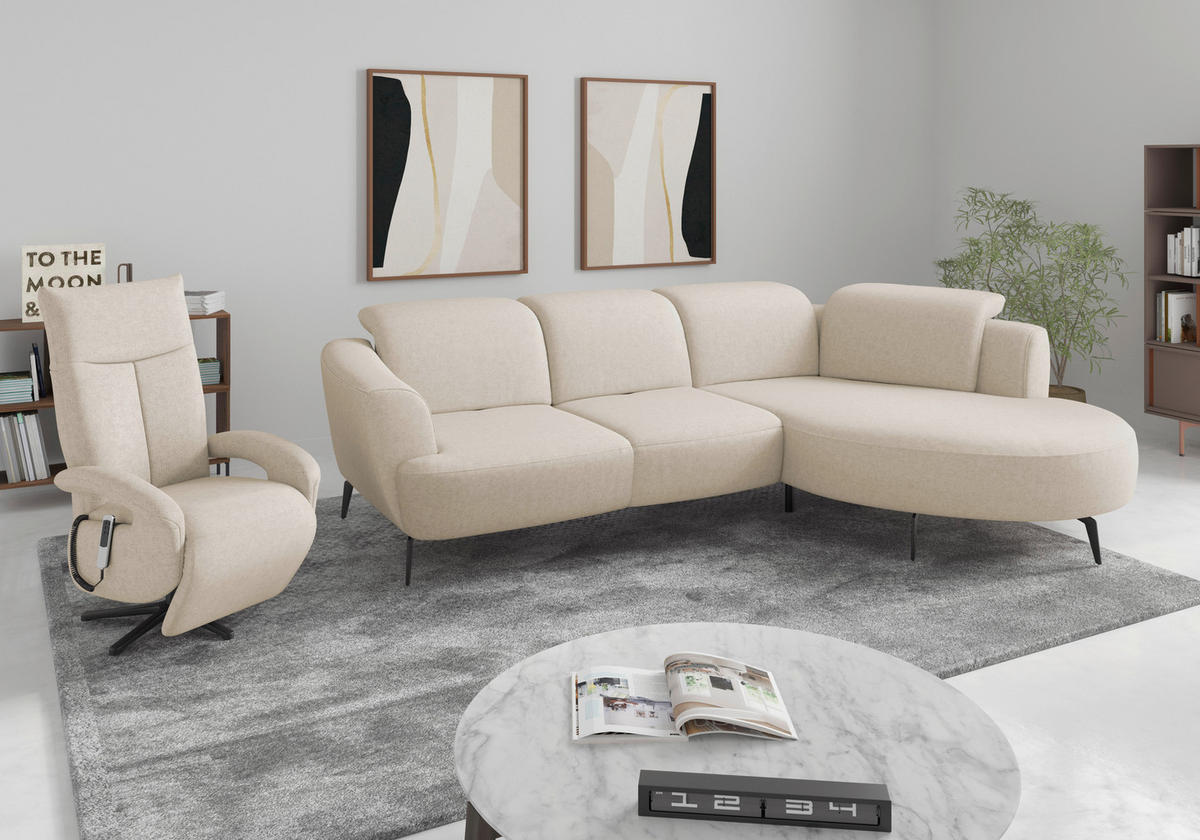 ECKSOFA ZOE E Creme Flachgewebe  - Creme/Schwarz, KONVENTIONELL, Textil/Metall (309/199cm) - Sit & More