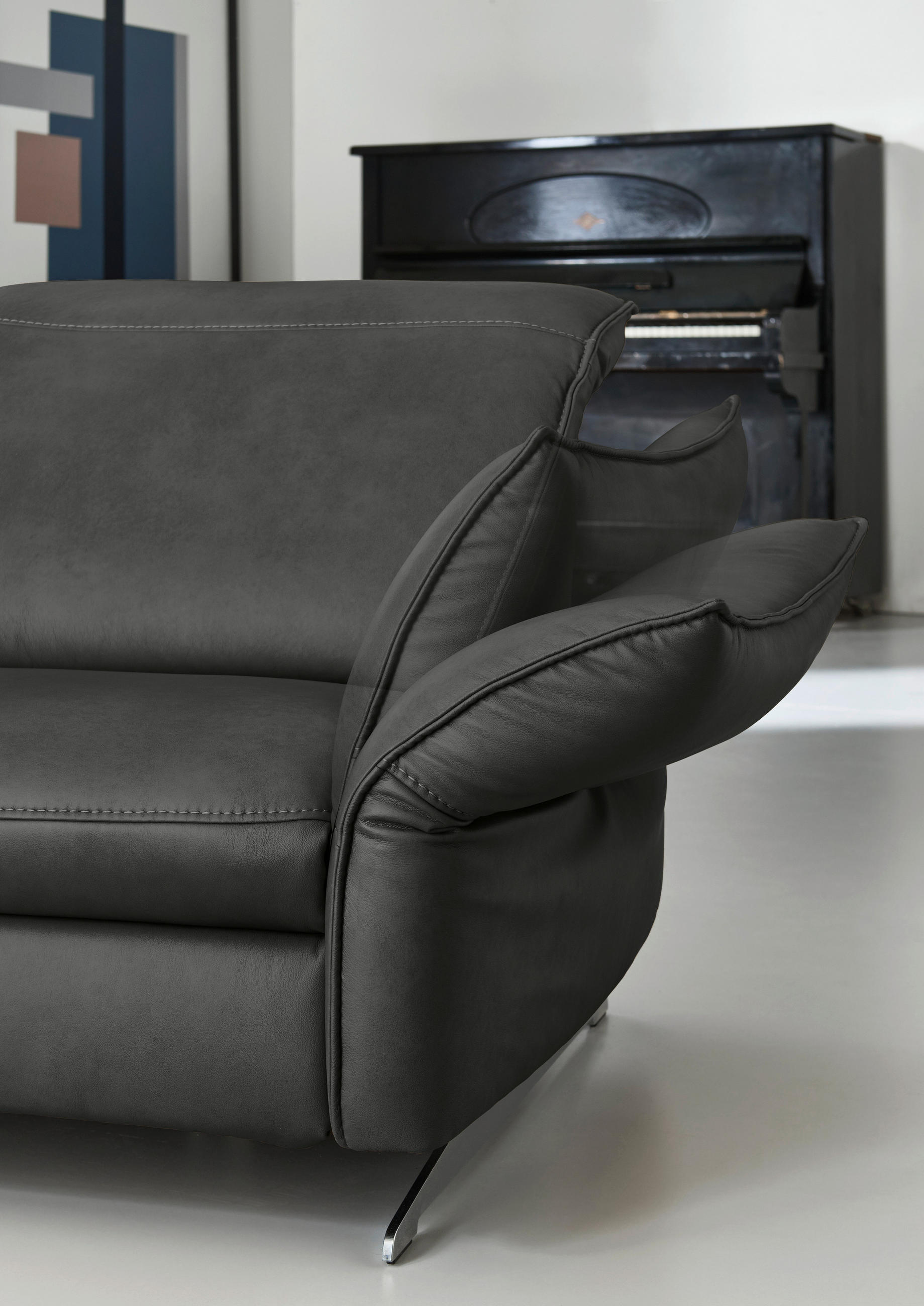 Thumbnail - Hukla Ecksofa Valdera, Schwarz, Leder, Echtleder, Semi-Anilinleder, 4-Sitzer, Ottomane links, L-Form, 292x258 cm, Golden...