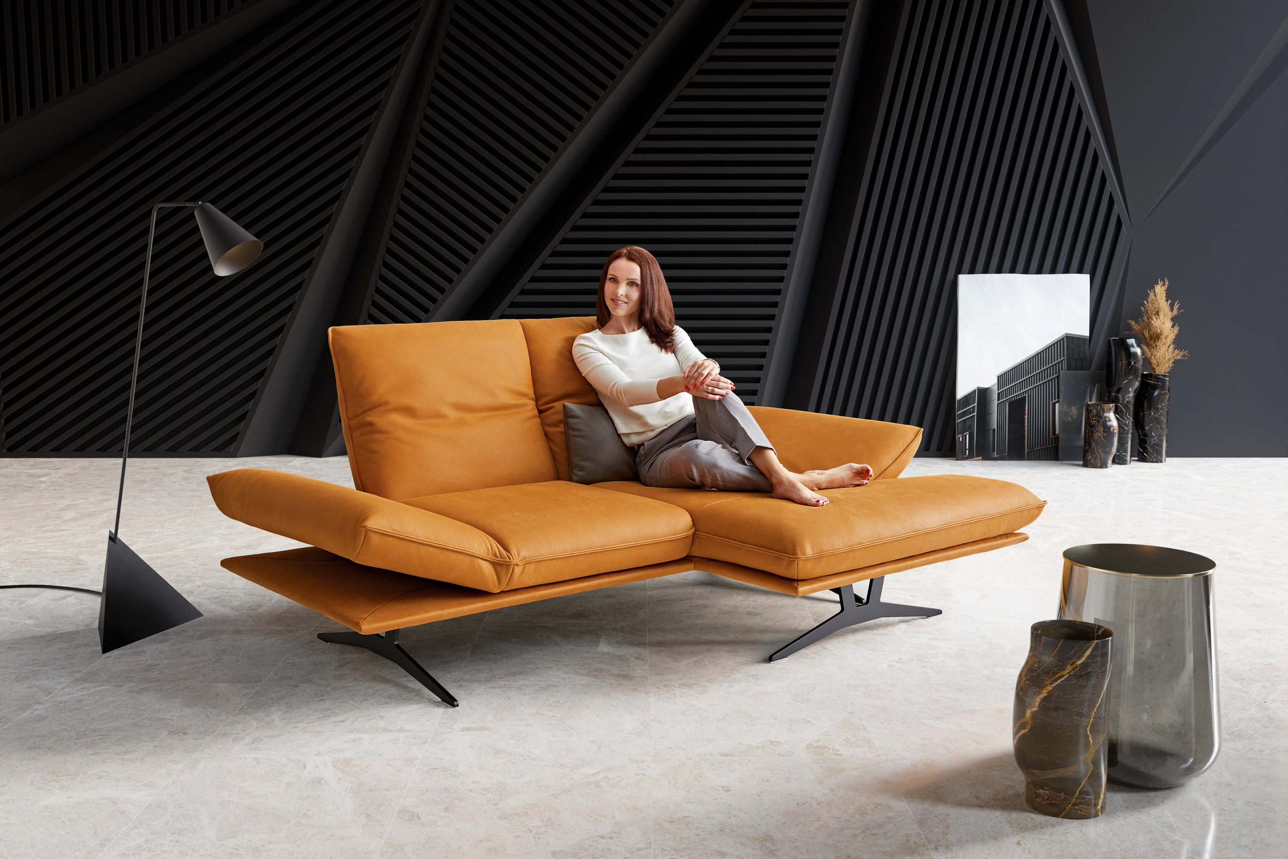 ECKSOFA in Echtleder Currygelb  - Currygelb/Gelb, Design, Leder/Metall (130/210cm) - Dieter Knoll