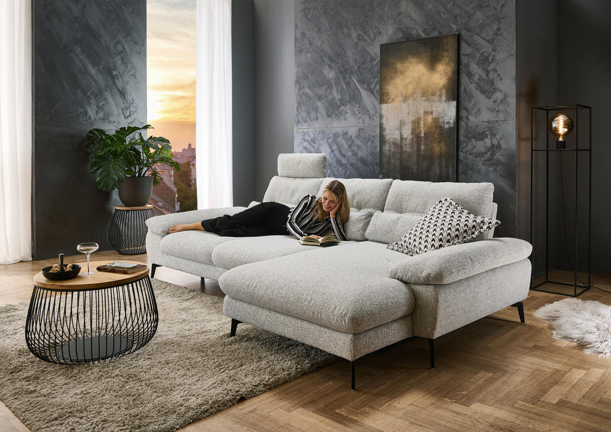 ECKSOFA Hellgrau Flachgewebe  - Hellgrau/Schwarz, Design, Textil/Metall (303/168cm) - Valdera