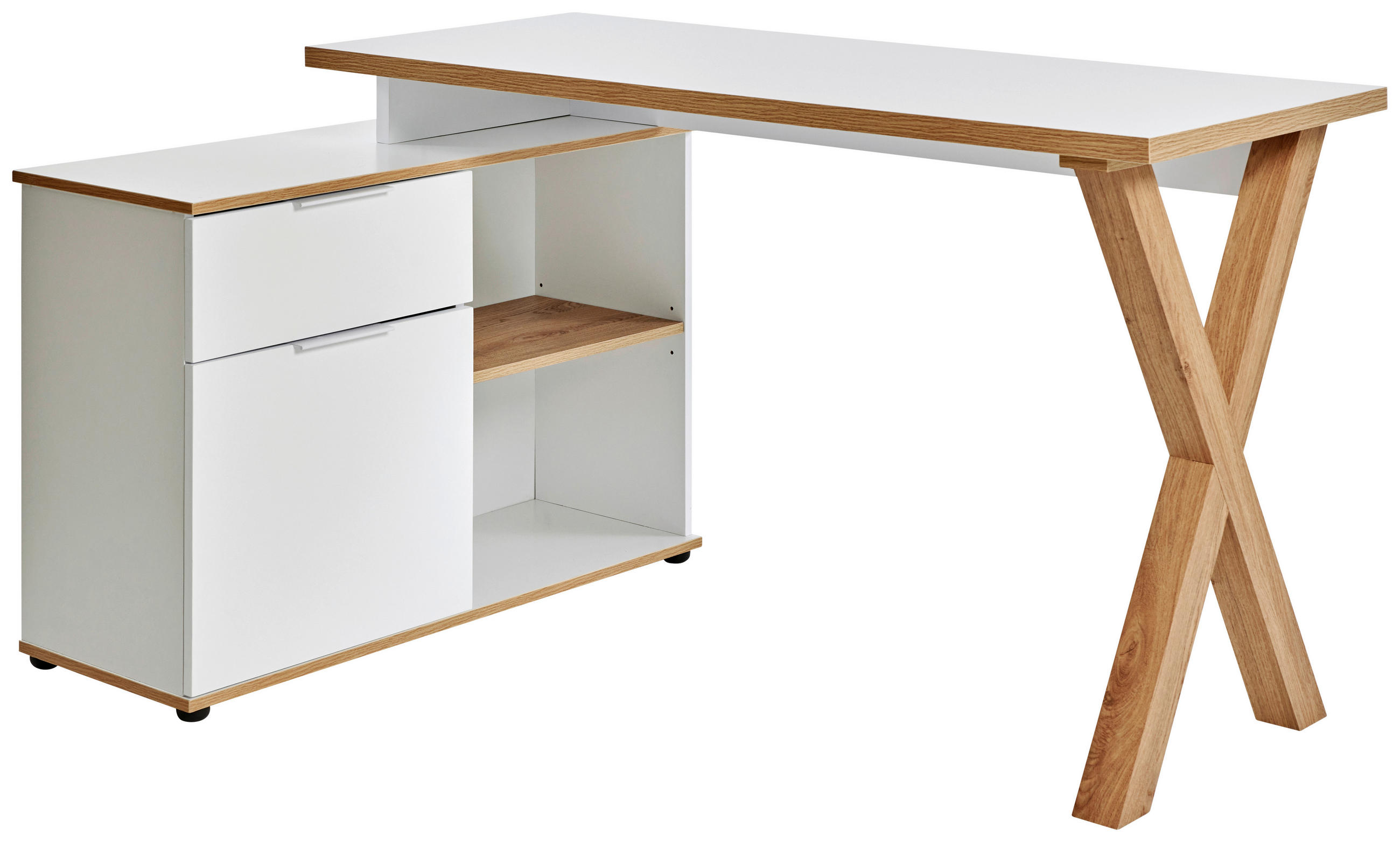 ECKSCHREIBTISCH 140/95/76 cm Weiß, Eichefarben Kabeldurchlass, Stauraum, seitenverkehrt montierbar, in verschiedenen Holz-Dekoren erhältlich  - Eichefarben/Weiß, MODERN, Holzwerkstoff/Metall (140/95/76cm) - Livetastic