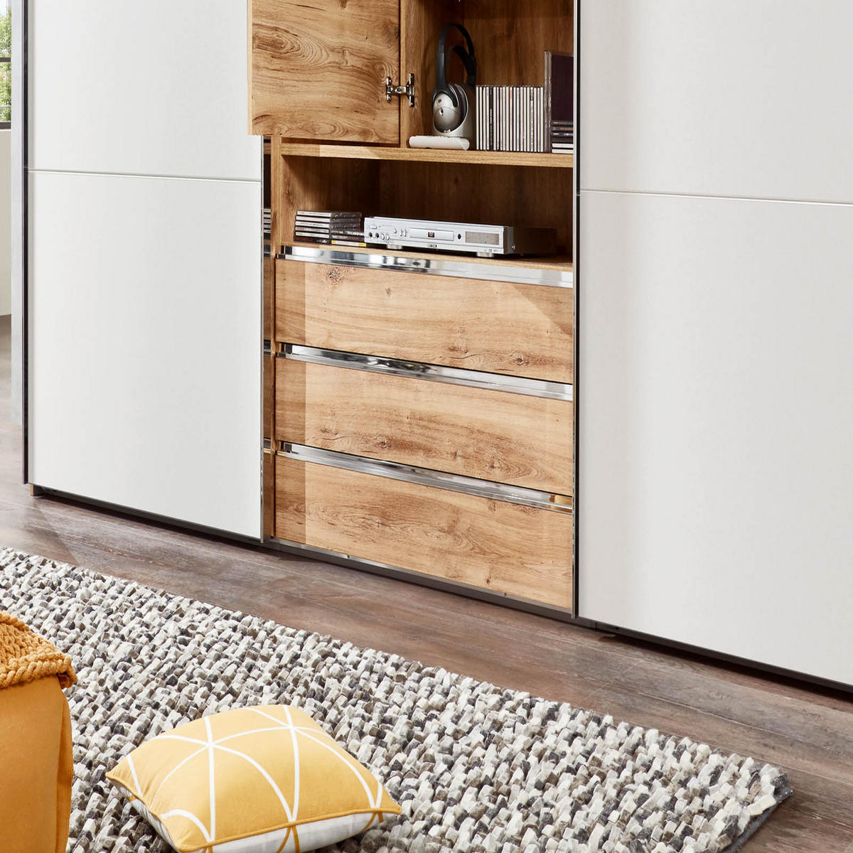 SCHWEBETÜRENSCHRANK in Weiss, Eichefarben  - Weiss/Edelstahlfarben, Modern, Holzwerkstoff/Metall (300/216/65cm) - MID.YOU