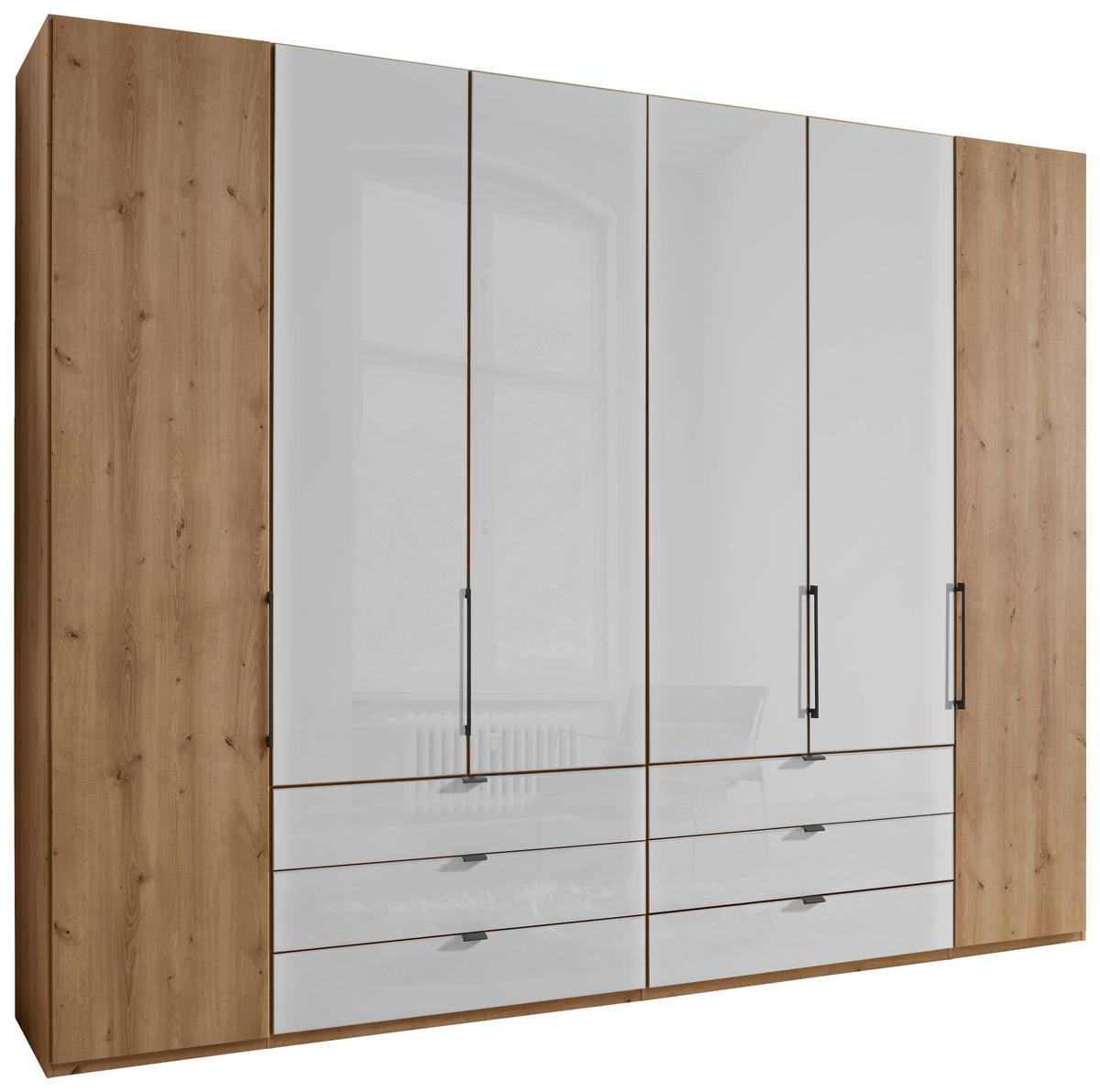FALTTÜRENSCHRANK 300/236/58 cm 6-türig Weiß, Eiche Bianco  - Schieferfarben/Eiche Bianco, KONVENTIONELL, Glas/Holzwerkstoff (300/236/58cm) - Dieter Knoll