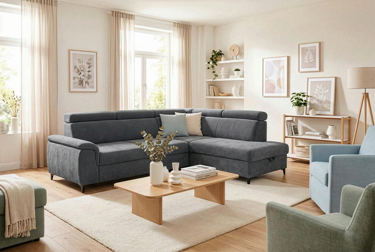 ECKSOFA Dunkelgrau Chenille Bettkasten, Schlaffunktion, Rücken echt, Kopfteilverstellung, Liegefläche im Originalstoff  - Dunkelgrau/Schwarz, KONVENTIONELL, Textil/Metall (265/206cm) - Carryhome