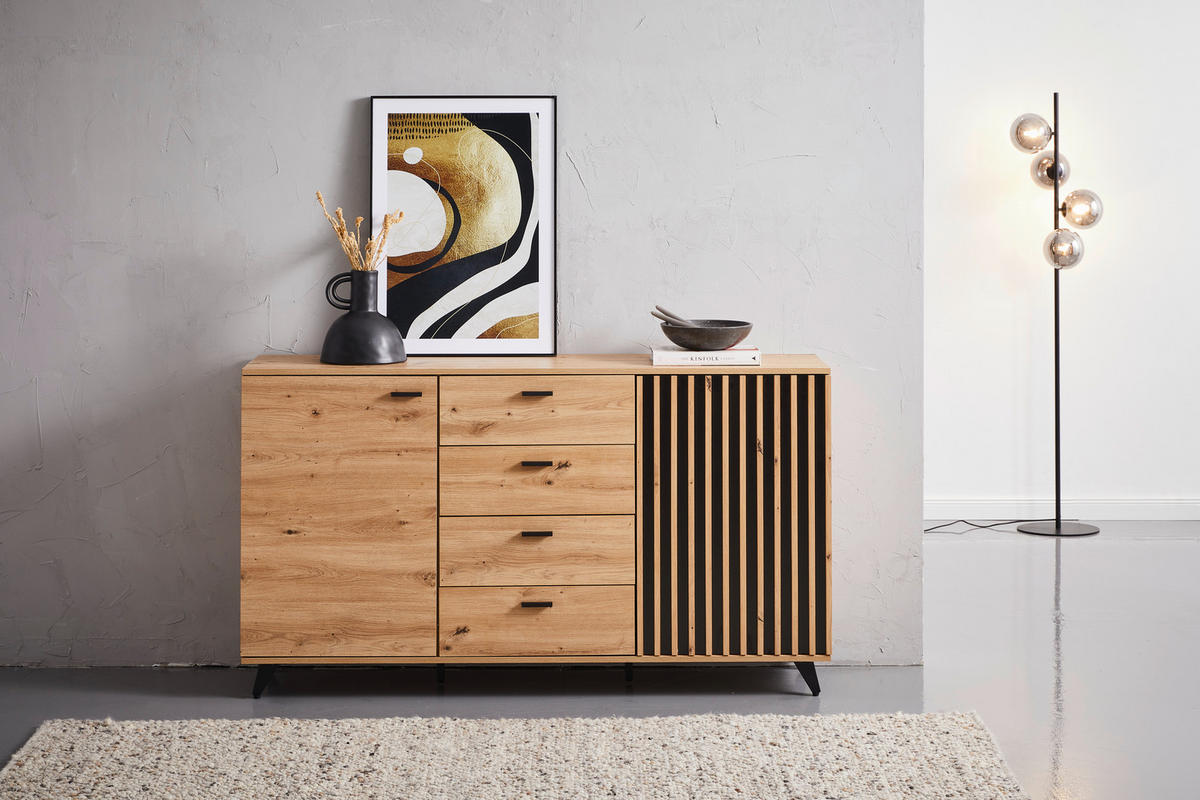 SIDEBOARD  in 154/86/40 cm  - Eichefarben/Schwarz, LIFESTYLE, Holzwerkstoff/Metall (154/86/40cm) - MID.YOU