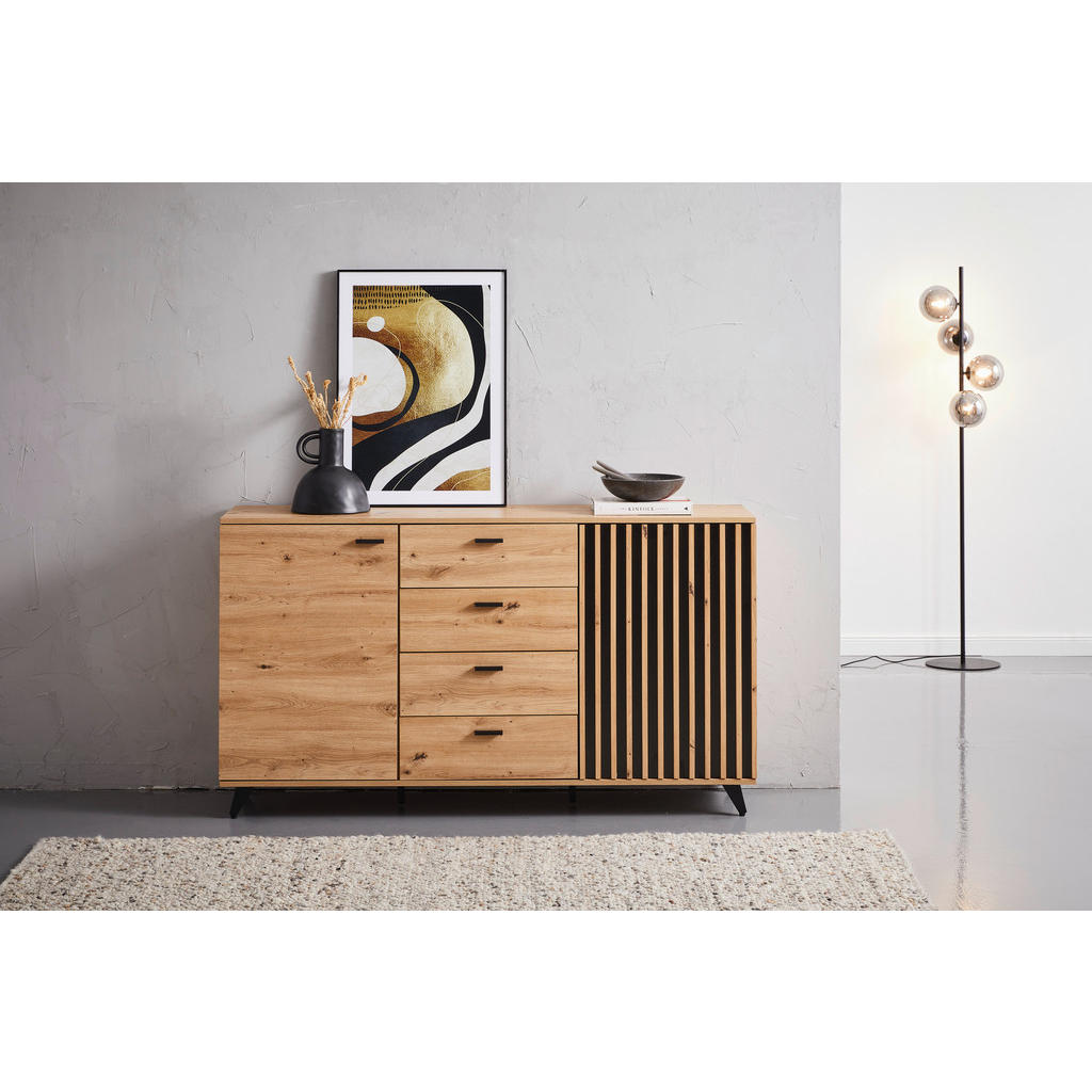 Thumbnail - Mid.you Sideboard Oslo, Schwarz, Eiche, Metall, 2 Fächer, 4 Schublade(n) Schubladen, 154x86x40 cm, Bsci, Wohnzimmer, Kom...