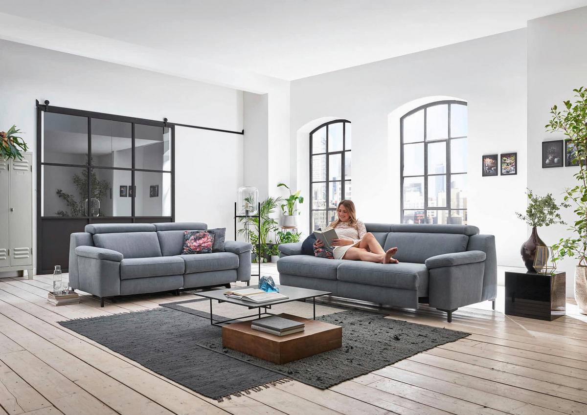 3-SITZER-SOFA in Chenille Pastellblau  - Pastellblau/Schwarz, Design, Textil/Metall (218/104/104cm) - Valdera