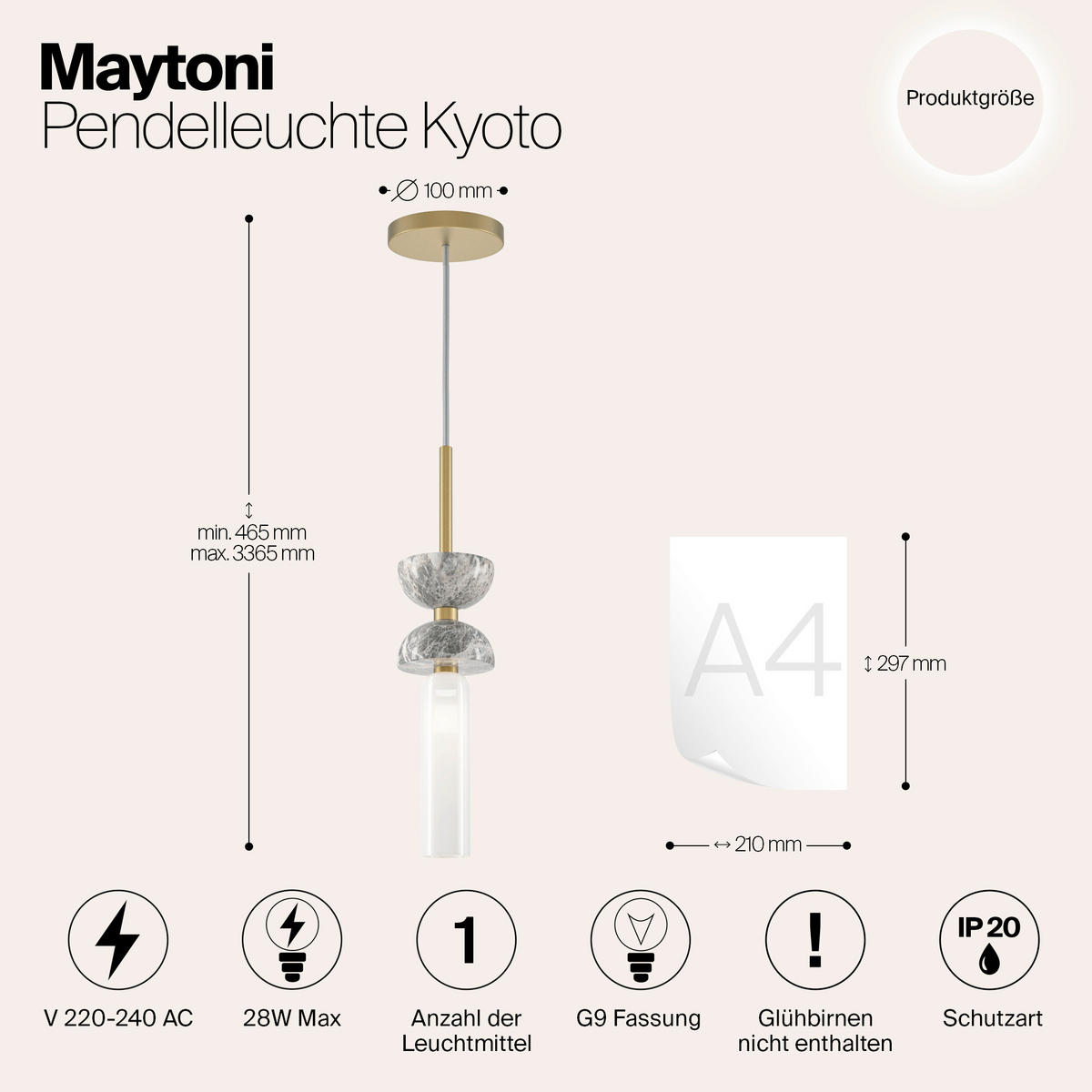 PENDELLEUCHTE Kyoto 10/336.5 cm  - Goldfarben/Weiß, Design, Stein/Metall (10/336.5cm) - MAYTONI
