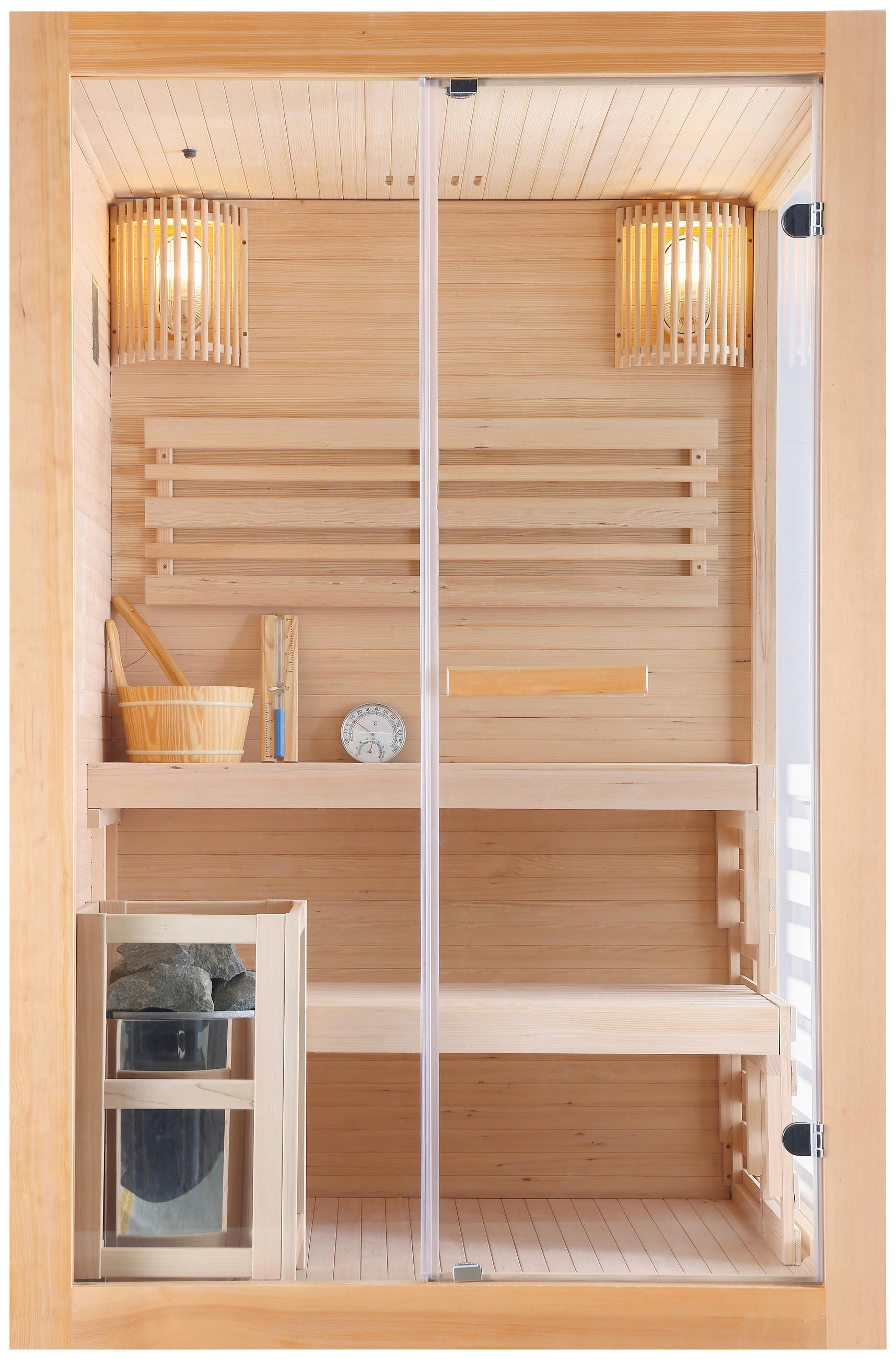 SAUNA für 2 Personen  - Naturfarben, Basics, Glas/Holz (130/120/200cm) - Sanotechnik