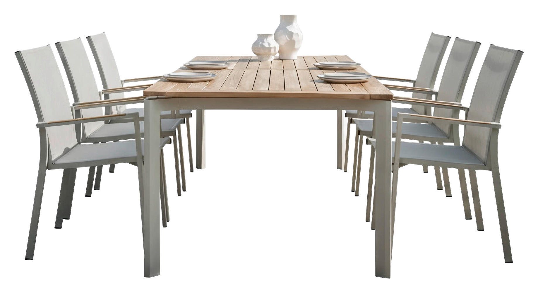 GARTENTISCHGRUPPE Flachgewebe Teakholzmassiv Aluminium  - Greige/Teakfarben, Basics, Holz/Textil - Stern