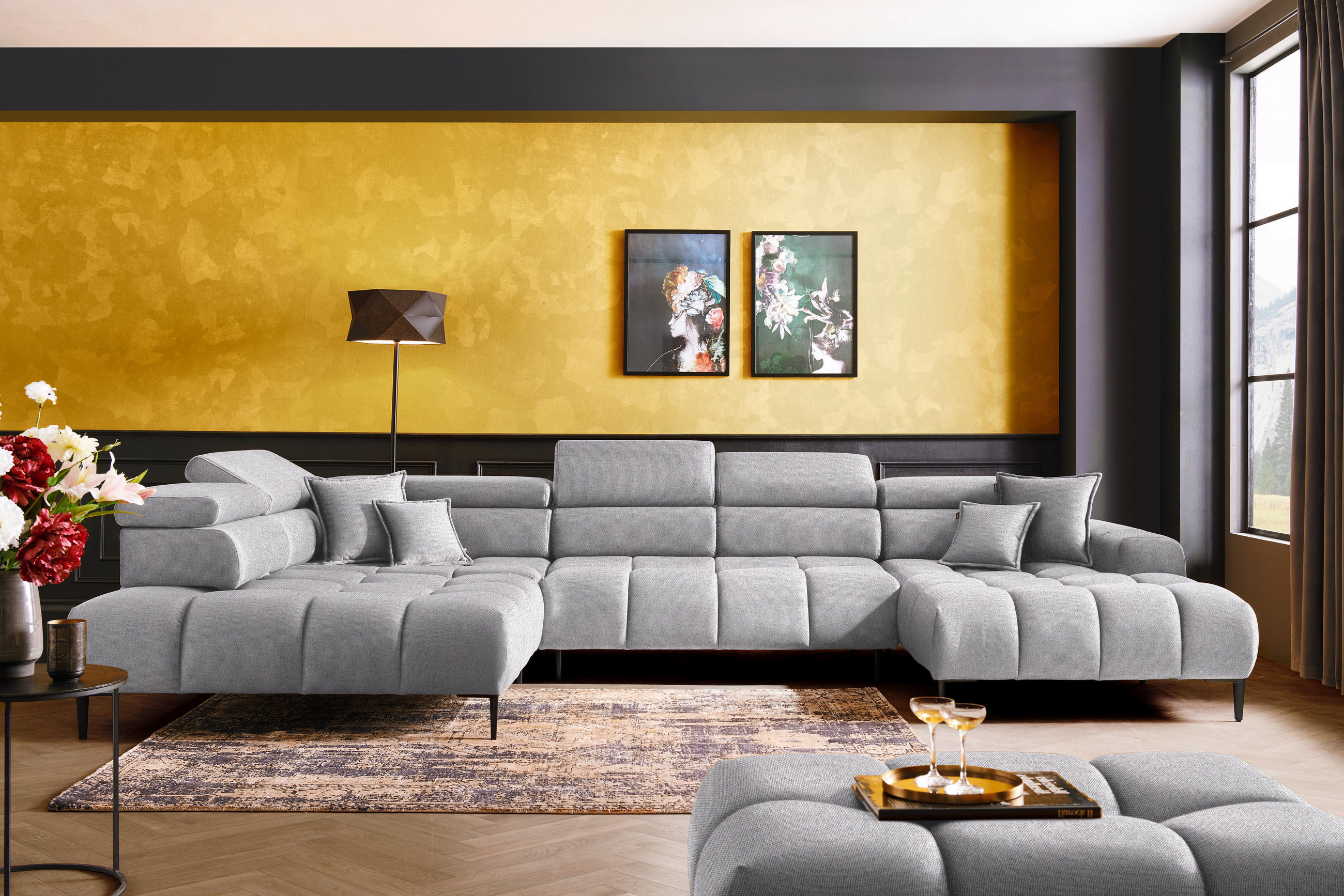 WOHNLANDSCHAFT in Webstoff Hellgrau  - Hellgrau/Schwarz, Design, Textil/Metall (216/385/177cm) - Welnova