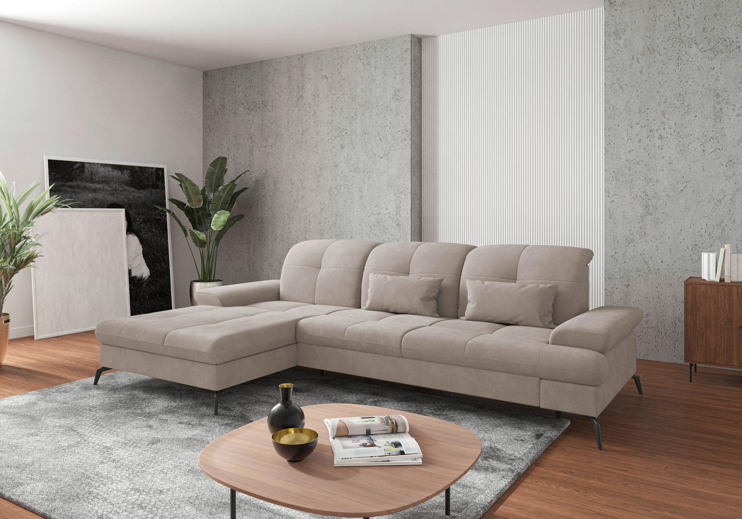 ECKSOFA  Flachgewebe Greige  - Greige/Schwarz, Konventionell, Textil/Metall (185/279cm) - Sit & More