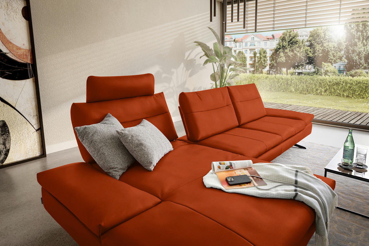 ECKSOFA in Echtleder Terracotta  158/342 cm  - Terracotta/Schwarz, MODERN, Leder/Metall (158/342cm) - Chilliano