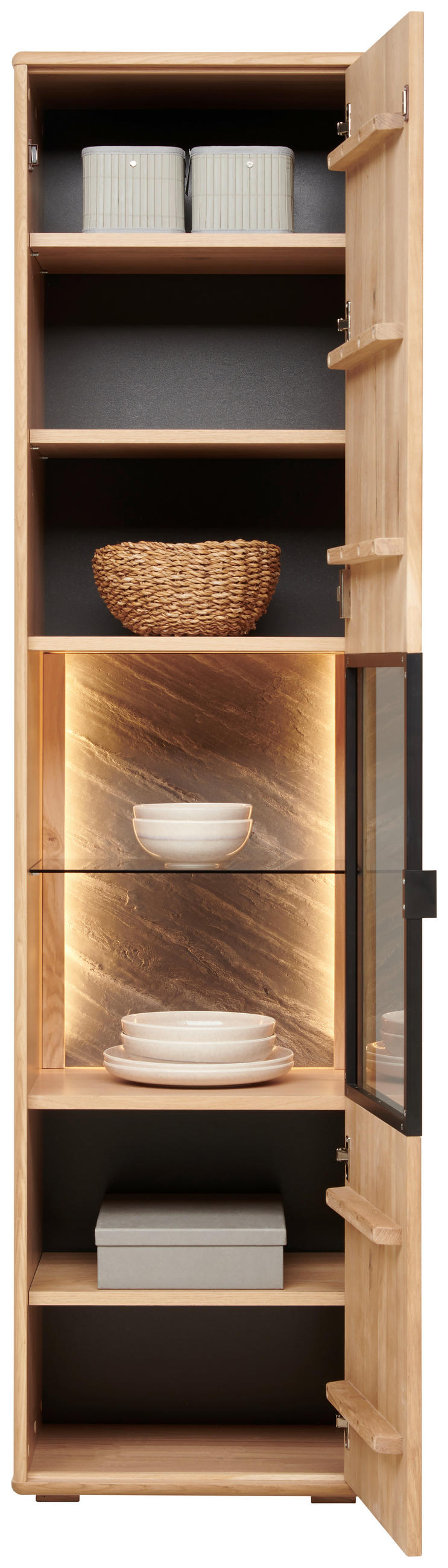 VITRINE Eiche Bianco  50,1/197,6/42 cm  - Eiche Bianco/Schwarz, Natur, Glas/Holz (50,1/197,6/42cm) - Linea Natura