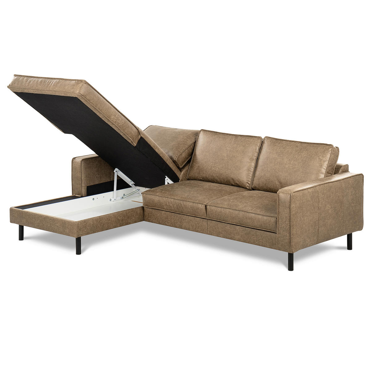 ECKSOFA Graubraun Echtleder Lederlook Bettkasten, Schlaffunktion, Rücken echt  - Graubraun/Schwarz, Design, Leder/Textil (166/238cm) - Livetastic