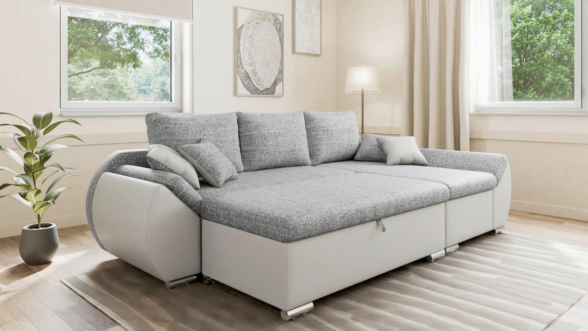 ECKSOFA  AURO Grau, Weiß  - Silberfarben/Weiß, Design, Kunststoff/Textil (275/155cm) - MID.YOU