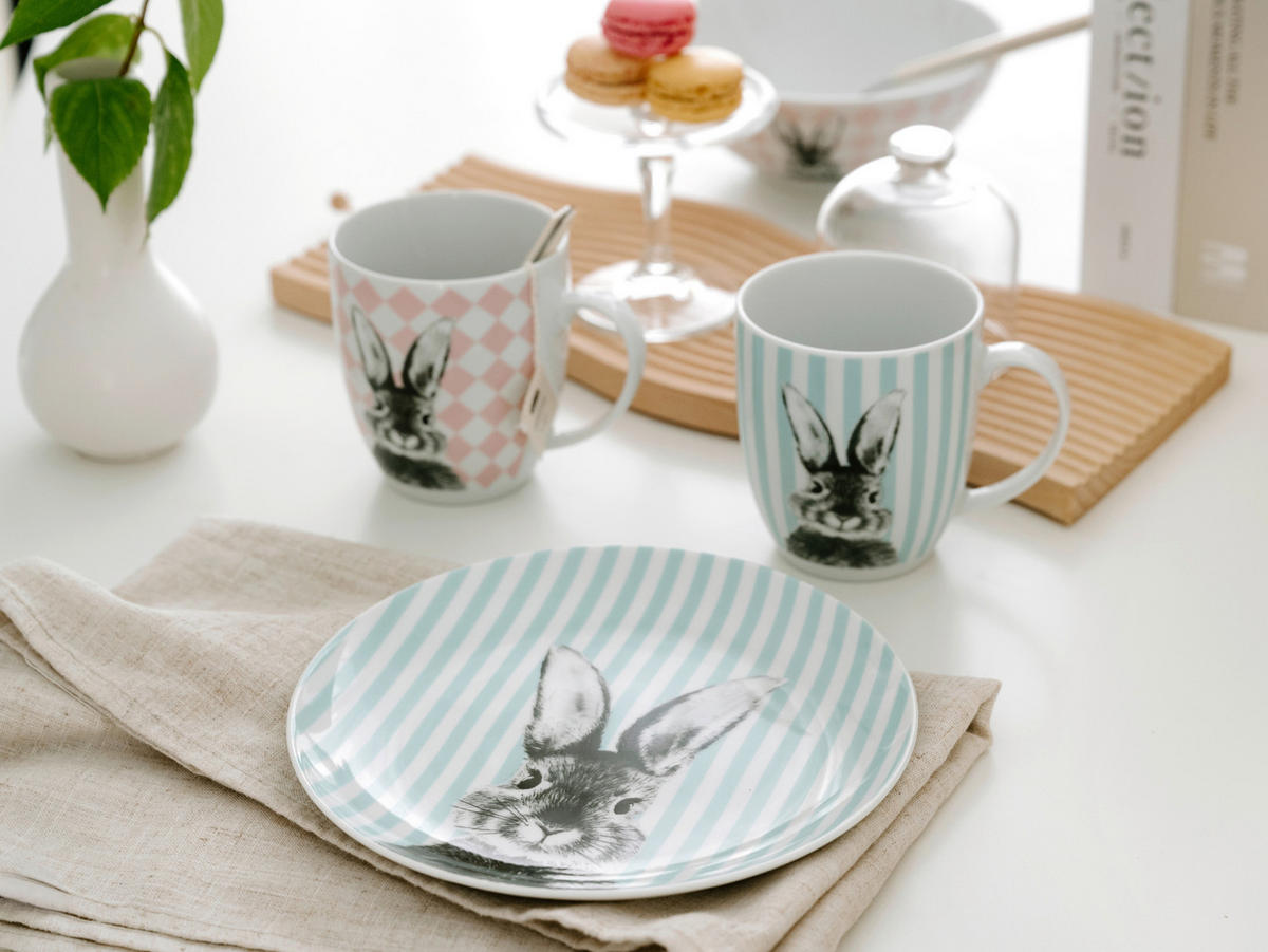 FRÜHSTÜCKSSERVICE Grün, Weiß Happy Bunny 3-teilig 1 Personen  - Weiß/Grün, Basics, Keramik - Creatable