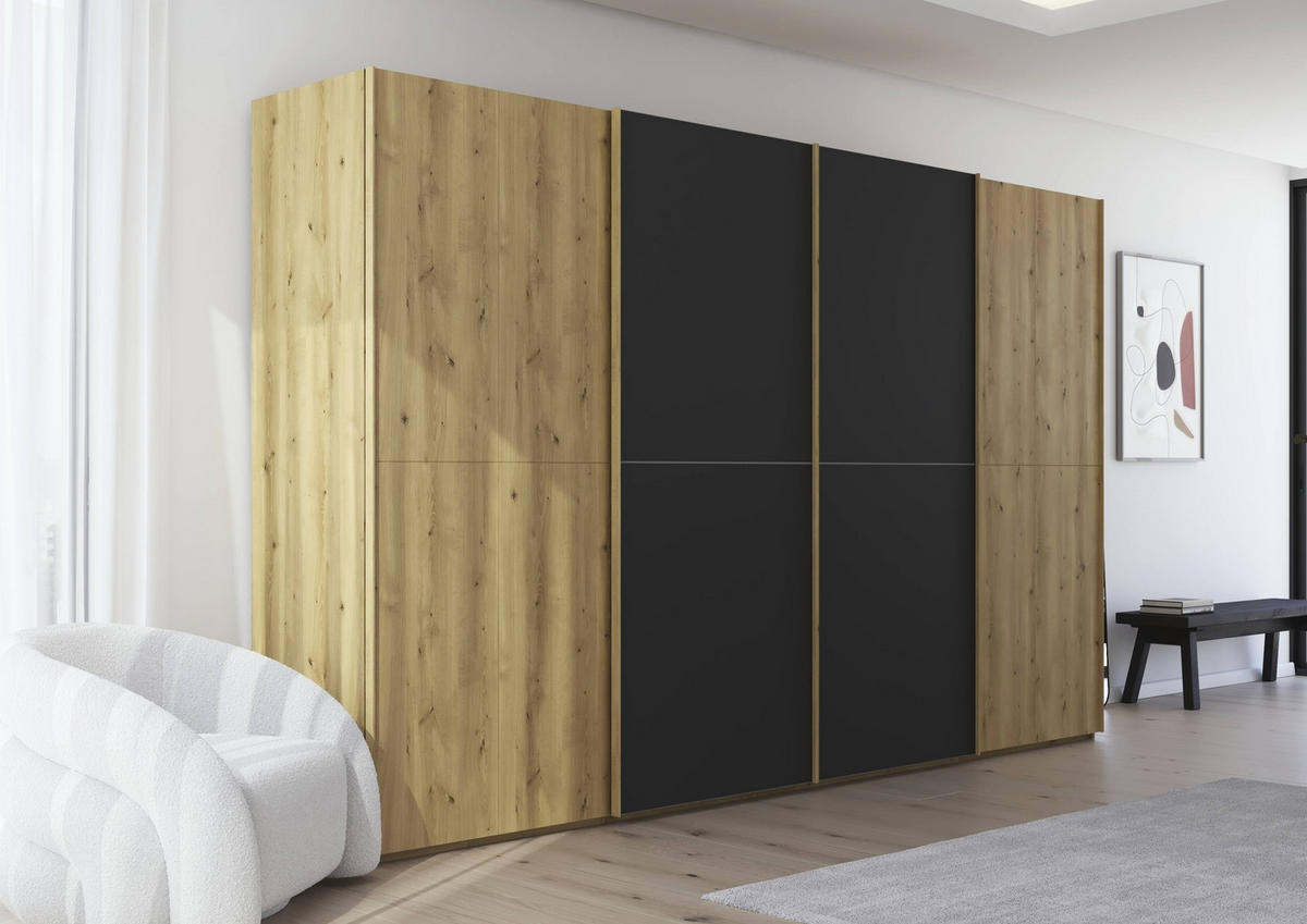 SCHWEBETÜRENSCHRANK 360/223/68 cm 4-türig Schwarz, Eichefarben  - Eichefarben/Schwarz, Design, Glas/Holz (360/223/68cm) - Novel