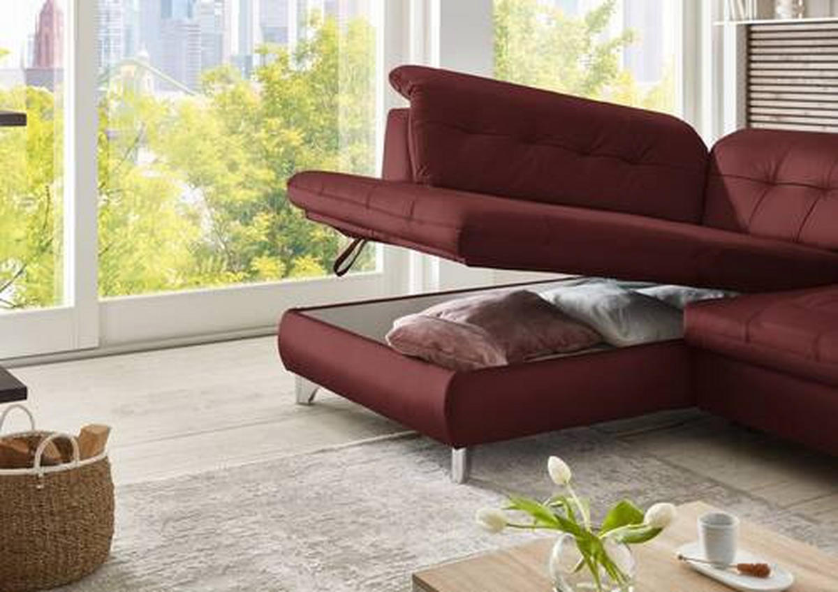 ECKSOFA in Echtleder Brombeere  - Brombeere, Basics, Leder/Metall (211/309cm) - Beldomo Speed