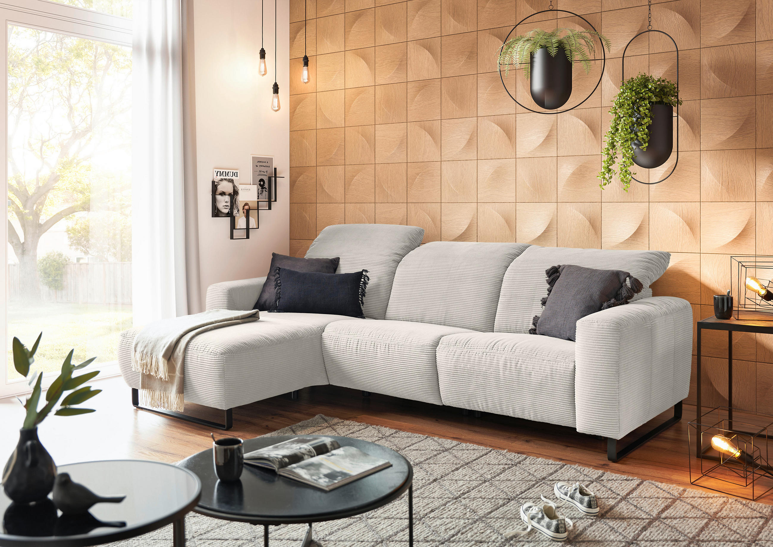 ECKSOFA in Cord Creme  - Creme/Schwarz, Konventionell, Textil/Metall (180/266cm) - Hom`in