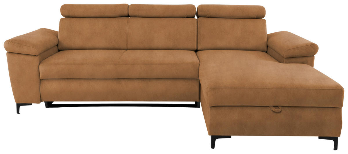 ECKSOFA in Velours Bernsteinfarben  - Bernsteinfarben/Schwarz, Modern, Textil/Metall (258/176cm) - MID.YOU