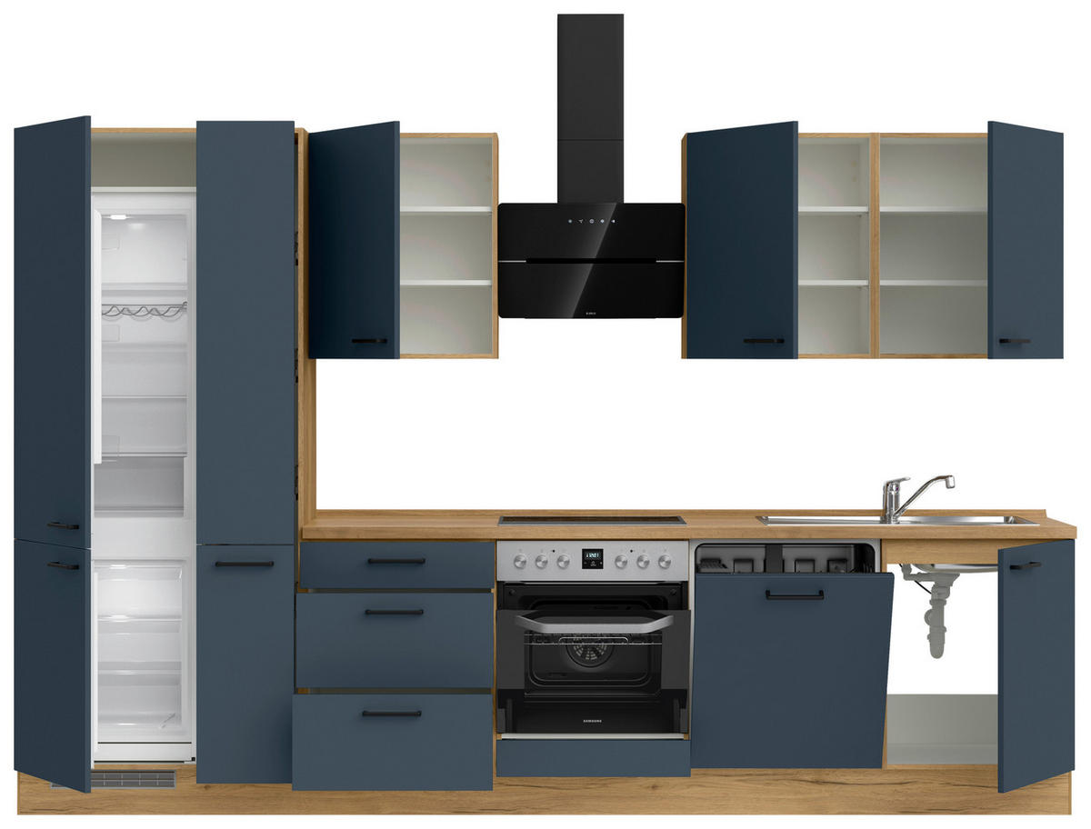 KÜCHENBLOCK 330 cm   in Eichefarben, Dunkelblau  - Eichefarben/Schwarz, MODERN, Holzwerkstoff/Metall (330cm) - Nobilia