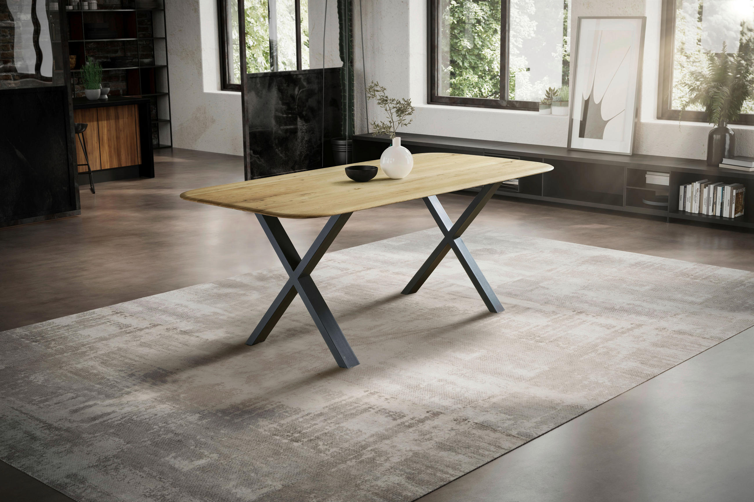 ESSTISCH Eiche massiv rechteckig Schwarz, Eichefarben  - Eichefarben/Schwarz, LIFESTYLE, Holz/Metall (200/100/75cm) - Linea Natura
