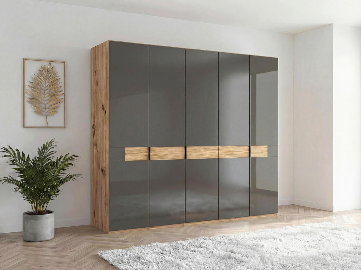 DREHTÜRENSCHRANK 250/216/58 cm,  in Braun, Eiche Bianco, 5 Tür(en)  - Schieferfarben/Eiche Bianco, Design, Glas/Holz (250/216/58cm) - Musterring