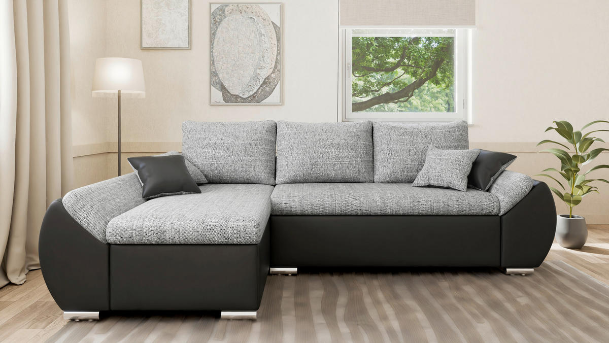 ECKSOFA  AURO Grau, Schwarz  - Silberfarben/Schwarz, Design, Kunststoff/Textil (275/155cm) - MID.YOU