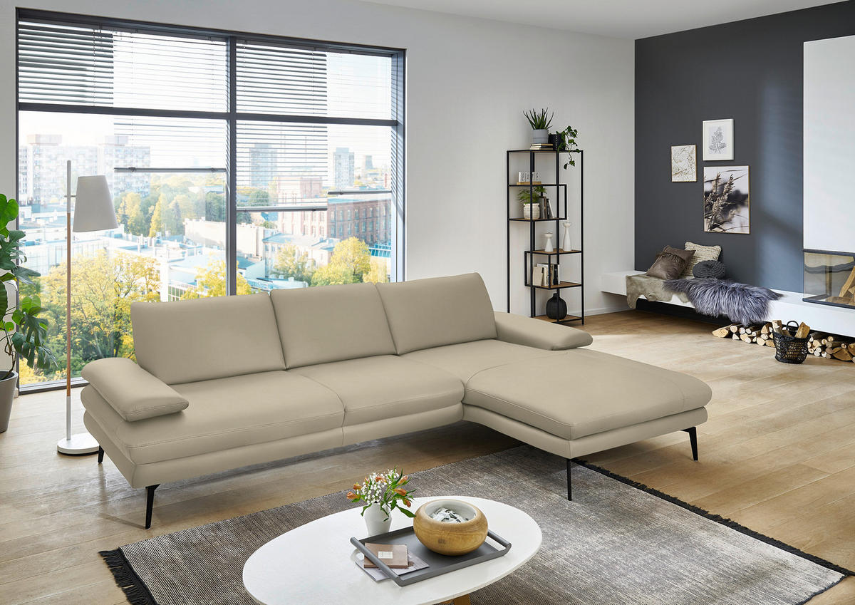 ECKSOFA in Echtleder Creme, Naturfarben  - Creme/Schwarz, Design, Leder/Metall (310/180cm) - Dieter Knoll